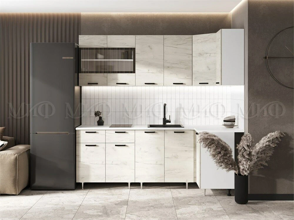 МИФ Кухня Рио NEW угловая 2.2х1.0м дуб крафт белый Столешница Кастилло темный дуб крафт белый
